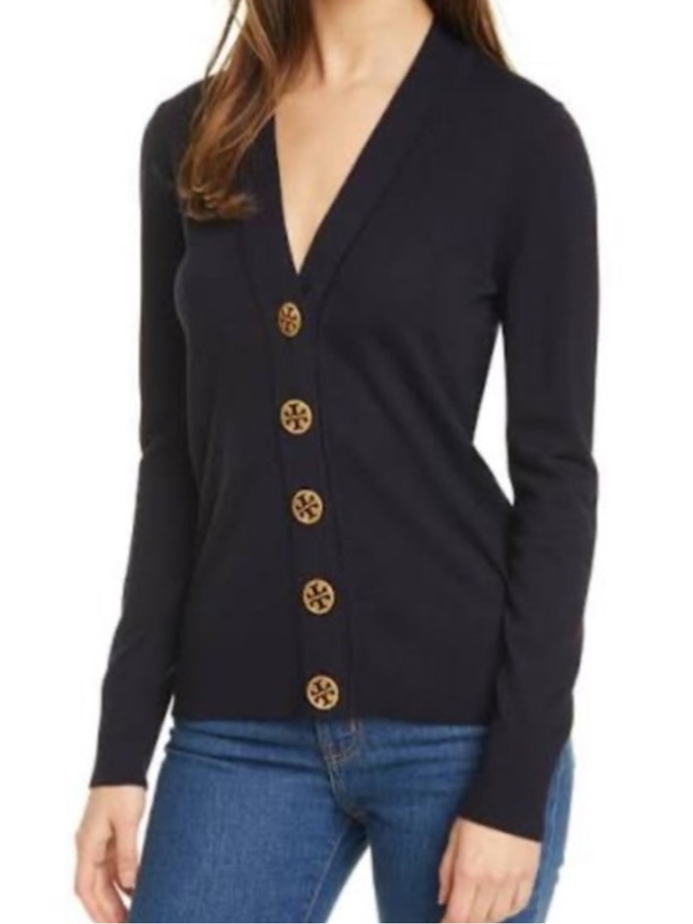 Tory Burch Black V-Neck Cardigan with Logo Buttons